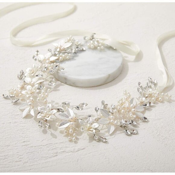 Handmade Rhinestone Flower Leaf Bridal Headpiece for Wedding Pearl Hair Accessor main image 3